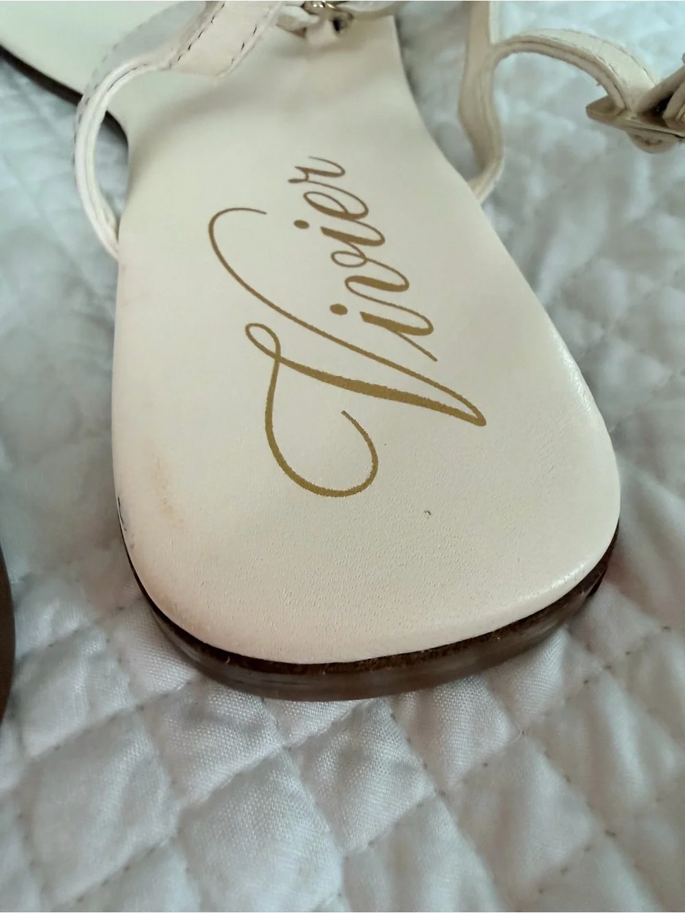 Roger Vivier Ivory Leather T-Strap Sandals with Gold Buckles
